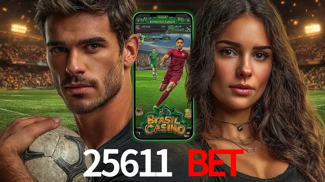 Homem segurando uma bola de futebol e uma mulher ao lado de um smartphone exibindo o jogo de apostas esportivas da 25611 BET. Faça seu palpite no cassino online.